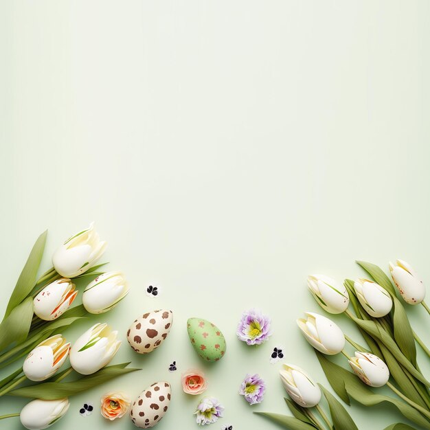 Photo decorated tulips and eggs on a soft green background for an easter greeting card