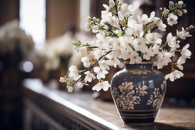 Decorated Urn Containing Ashes in a Church with White Flowers Generative Ai