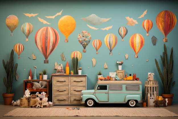 Decorated wall children playroom with toys inspiration ideas