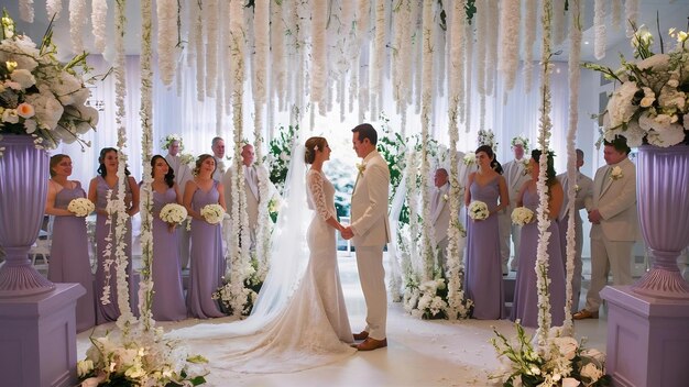 Photo decorated wedding ceremony venue in white and purple