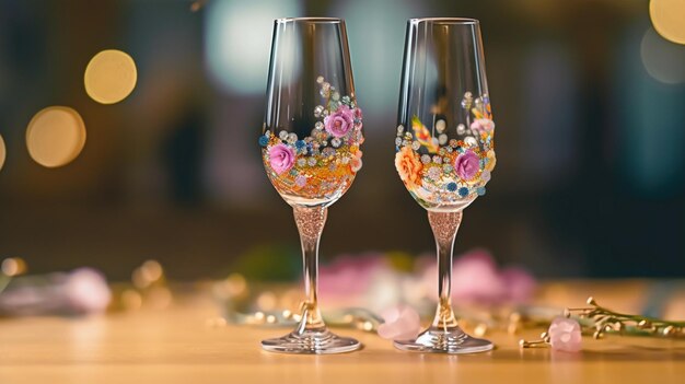 Photo decorated wedding glasses for bride and groom