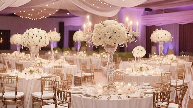 Украшенный свадебный зал со свечами, круглыми столами и центральными элементами