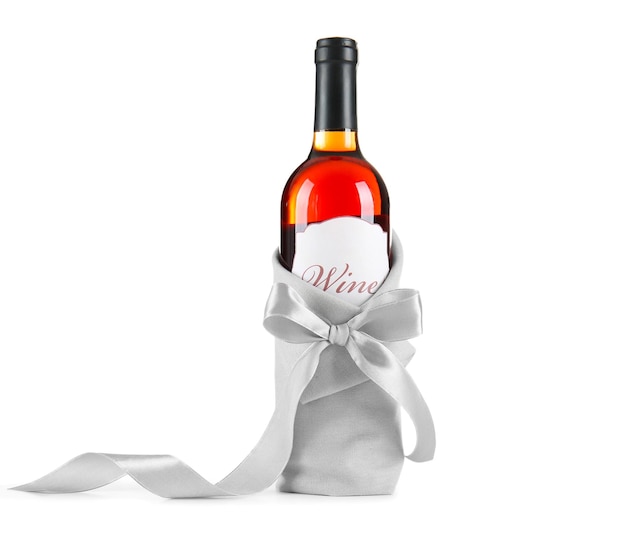 Decorated wine bottle on white background