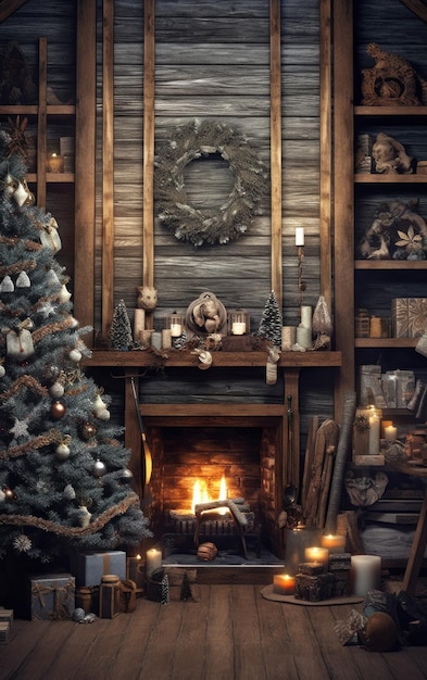 Decorated Winter Christmas Interior Illustration Generative AIxA