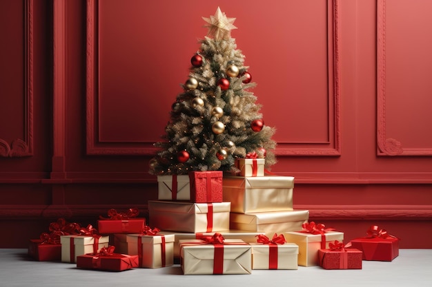 Decorated with gold Christmas ornaments and gift boxes the podium stands alongside a festive tree