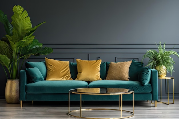 Decorated with a green velvet design sofa gold coffee table plant elegant blanket and pillows this s