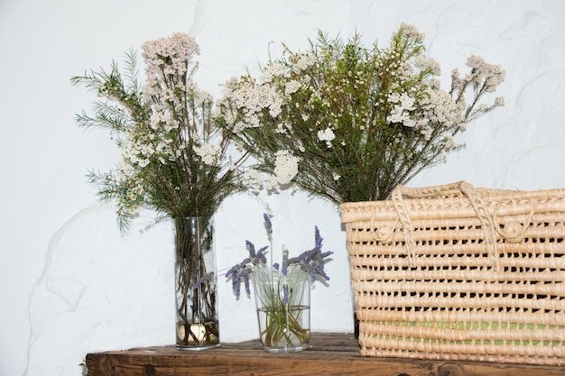 Decorated with wild flowers and wicker basket