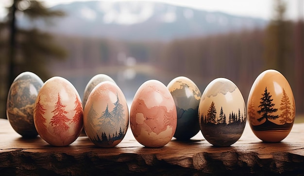 decorated wooden easter eggs set in the style of blurred landscapes