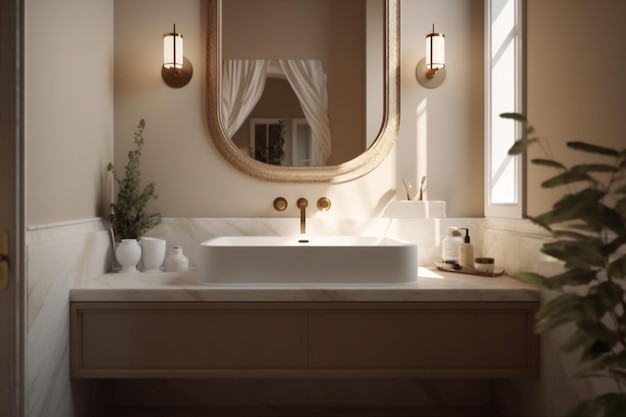 Decoratie huis gootsteen modern zonlicht interieur teller badkamer luxe kraan Generatieve AI