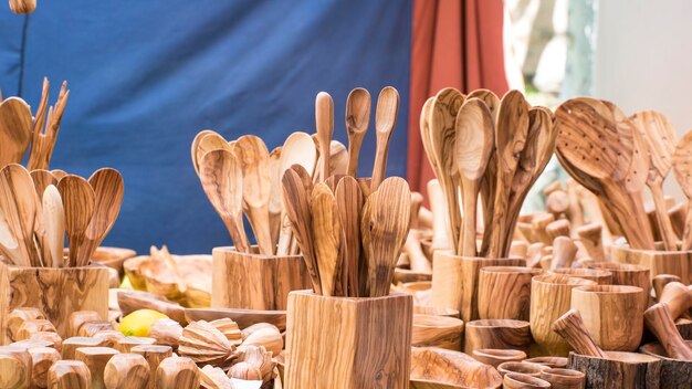 Decoratie, keukengerei gemaakt van hout handgemaakt, gezonde levensstijl en evenwichtig