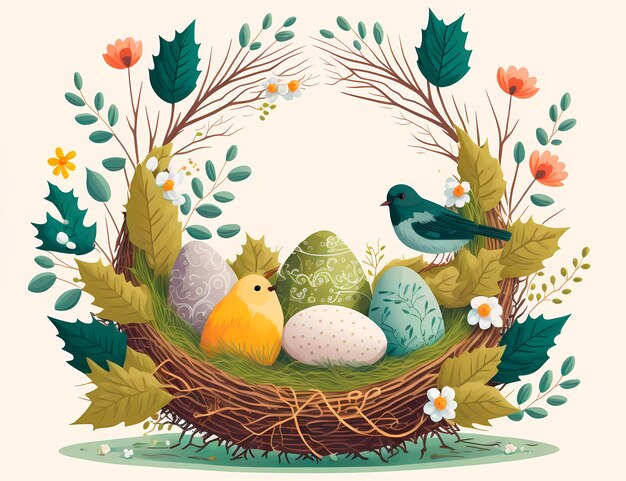 Decoratie Paaseieren met lentebloemen en schattige vogels Vrolijk Pasen