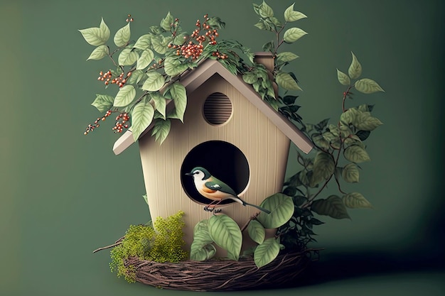 Foto decoratie voor vakantie in de vorm van een leeg vogelhuisje met groene takken