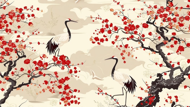 Decoratief Japans naadloos patroon met kraanvogels en kersenbloesems in vintage stijl op Aziatische achtergrond
