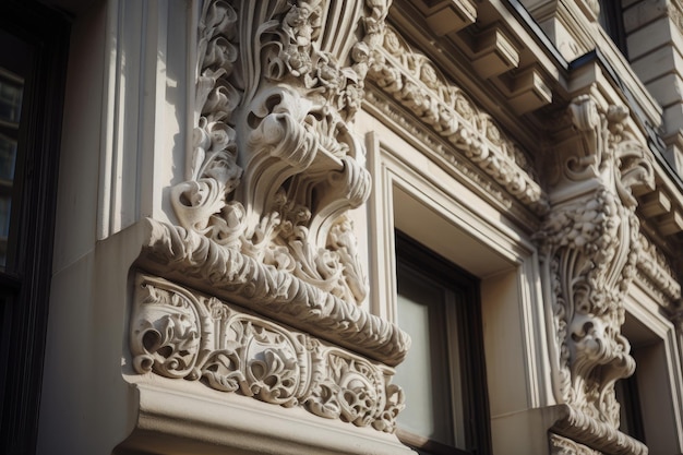 Decoratief lijstwerk en houtsnijwerk sieren de buitenkant van een historisch gebouw dat is gemaakt met generatieve AI