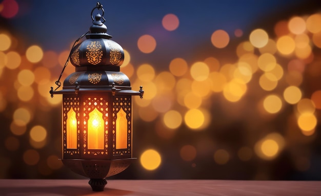 Decoratief metalen ornament traditionele Arabische stijl lantaarn met kaars op een wazige bokeh nachtback