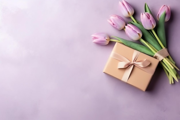 Decoratief van tulpen bloemen boeket of verpakte geschenkdoos voor moederdag of valentijn met copyspace