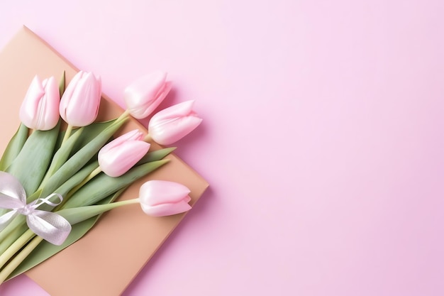 Decoratief van tulpen bloemen boeket of verpakte geschenkdoos voor moederdag of valentijn met copyspace