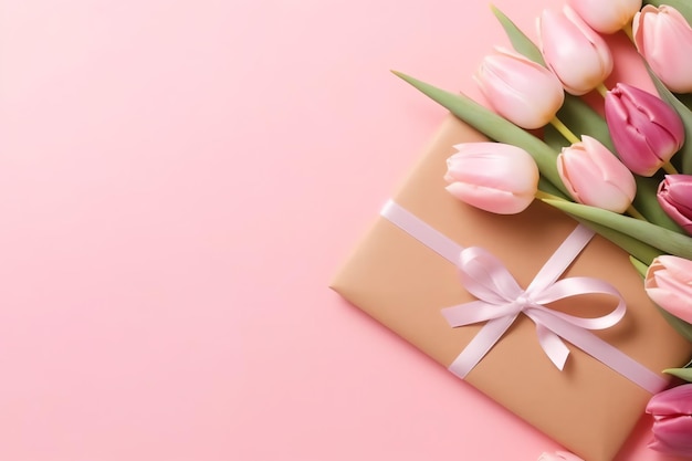 Decoratief van tulpen bloemen boeket of verpakte geschenkdoos voor moederdag of valentijn met copyspace