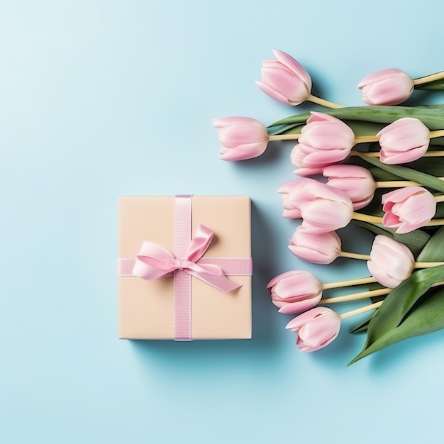 Decoratief van tulpen bloemen boeket of verpakte geschenkdoos voor moederdag of valentijn met copyspace