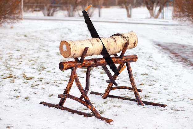 Decoratief zaagbok voor het zagen van boomstammen in park