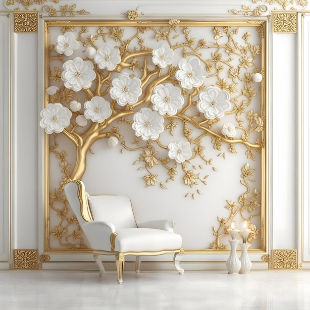 Decoratiepaneel wandlijst bloemen goud en wit luxe