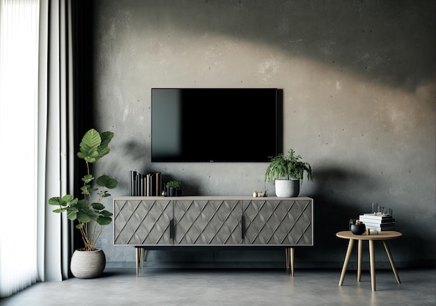 Decoraties op een betonnen muur vormen een aanvulling op een flatscreen-tv in een kast