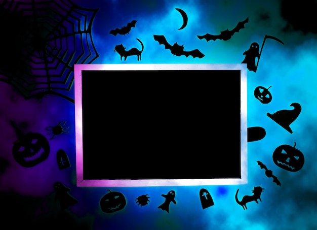 Decoraties voor halloween-feest. handgemaakt papier decor. feestelijke wenskaart, poster, spandoekontwerp. spinnenweb, pompoen, vleermuis, katten, spoken, spinnen en andere details op kleurrijke rokerige achtergrond.