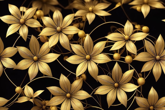Decoratieve achtergrond met metalen bloemen gemaakt van filigraan gouddraad op zwart