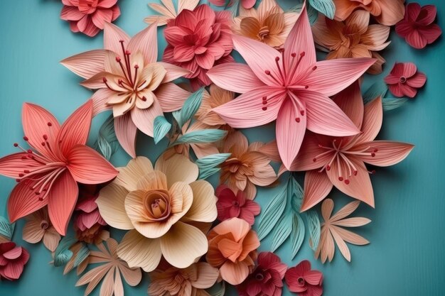 Decoratieve afbeelding van papieren bloemen gerangschikt in verschillende kleuren in lichtturkoois en roze stijl