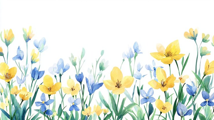 Foto decoratieve aquarel bloemenrand met gele, blauwe en groene bloemen