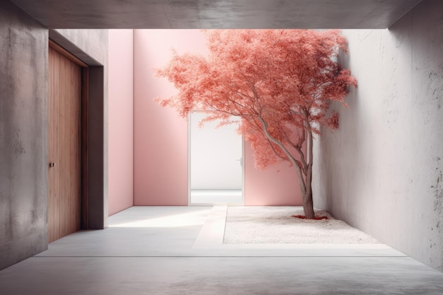 Decoratieve architecturale doorgang met een betonnen vloer, een lege muur en een horizonlijnachtergrond met een abstracte, minimalistische illustratie