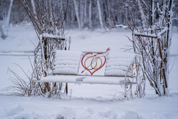 Decoratieve bank met hart in het winter stadspark bedekt met sneeuw. bankje voor geliefden in de winter, close-up