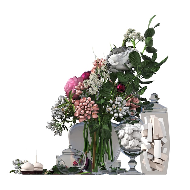 decoratieve bloemen en planten voor het interieur, geïsoleerd op een witte achtergrond, 3D illustratie, cg r