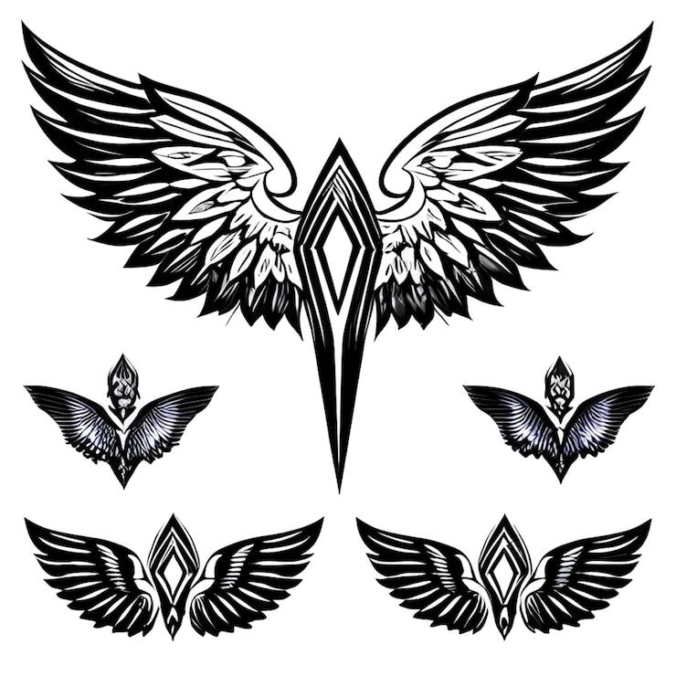 Foto decoratieve gedetailleerde mythische vogel met open vleugels tattoo sticker ontwerp op witte achtergrond