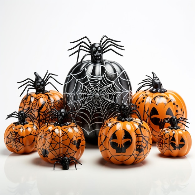 decoratieve halloween pompoenen en spinnen op witte achtergrond