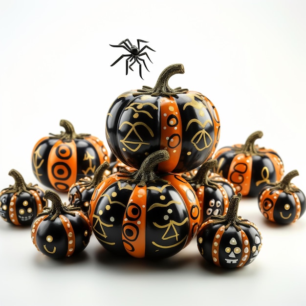 decoratieve halloween pompoenen en spinnen op witte achtergrond