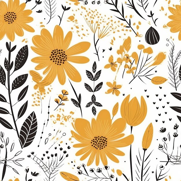 Decoratieve handgetekende gele bloemen in een Scandinavische stijl naadloze bloemenpatroon AI-generatie