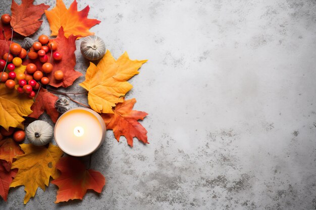 Foto decoratieve kaarsen en herfstbladeren op de grond in de stijl van minimalistische achtergronden