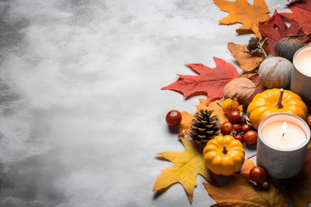 Foto decoratieve kaarsen en herfstbladeren op de grond in de stijl van minimalistische achtergronden