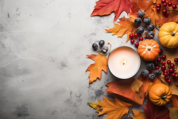 Foto decoratieve kaarsen en herfstbladeren op de grond in de stijl van minimalistische achtergronden