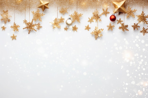 Decoratieve kerst gouden sterren op witte achtergrond Bovenaanzicht Kopieer ruimte Kerst achtergrond