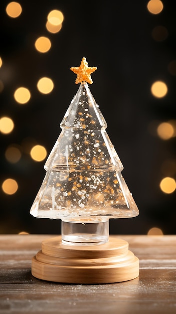 Decoratieve kerstboom met ster op tafel tegen wazige lichten close-up