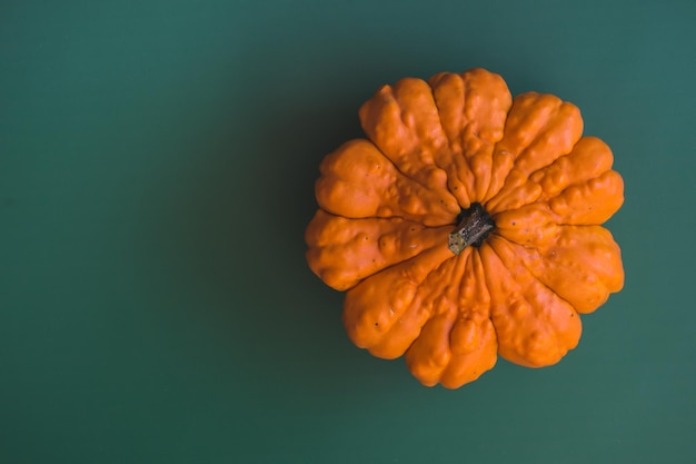 decoratieve oranje pompoen op groene achtergrond bovenaanzicht