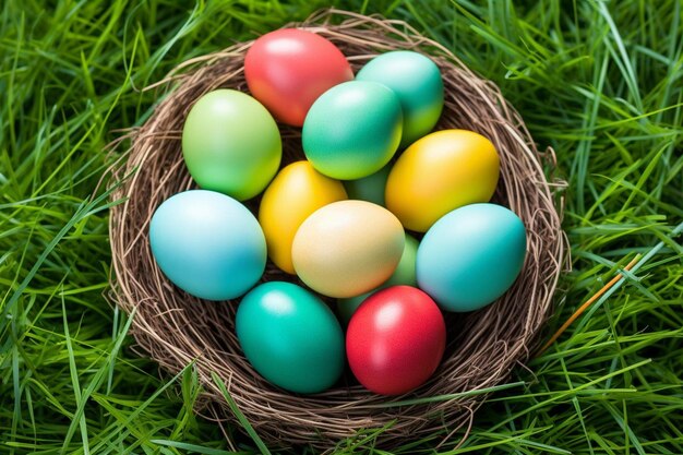 Decoratieve paaseieren in gras op een houten achtergrond