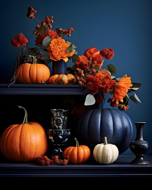 Foto decoratieve pompoenen met bloemen voor de herfst huis decoratie halloween concept thanksgiving dag ai ge