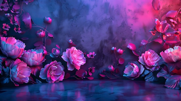 Foto decoratieve volumetrische bloemen met neonverlichting