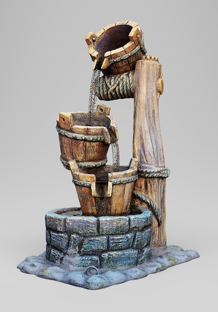 Foto decoratieve watervalfontein in de vorm van een put van bakstenen en houten emmers geïsoleerd op grijze b
