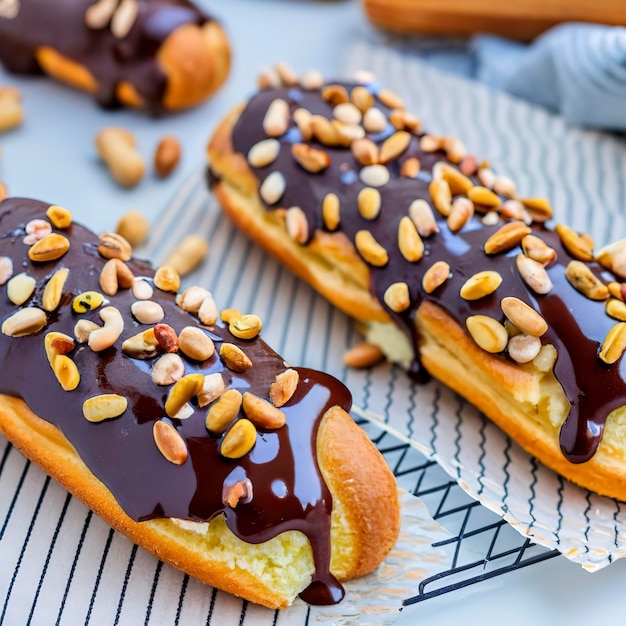 おいしい自家製エクレアをチョコレートとピーナッツで飾る