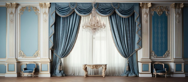 Decorating the living room with classical palace style blue curtains and matching accessories