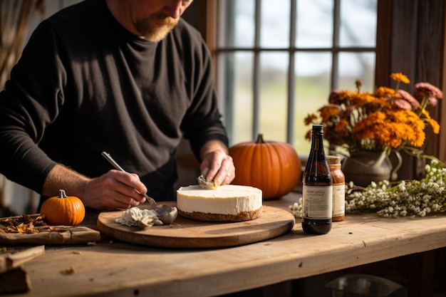 Decorating process of pumpkin cheesecake